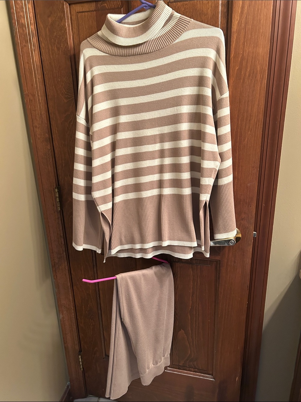 Striped Turtleneck Knit Set in Blush and Cream with matching pants